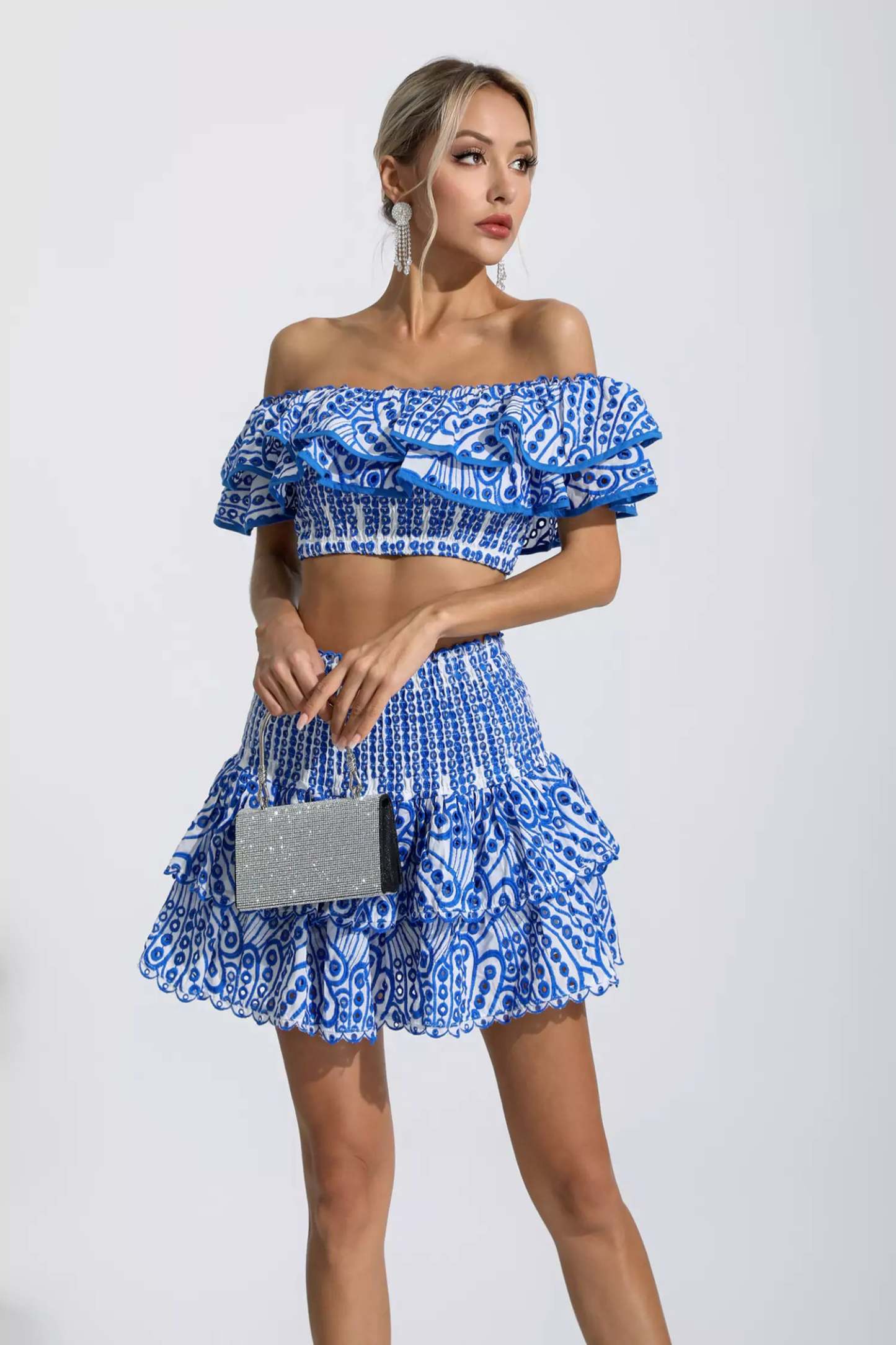 Janet Blue Floral Ruffle Off-Shoulder Set