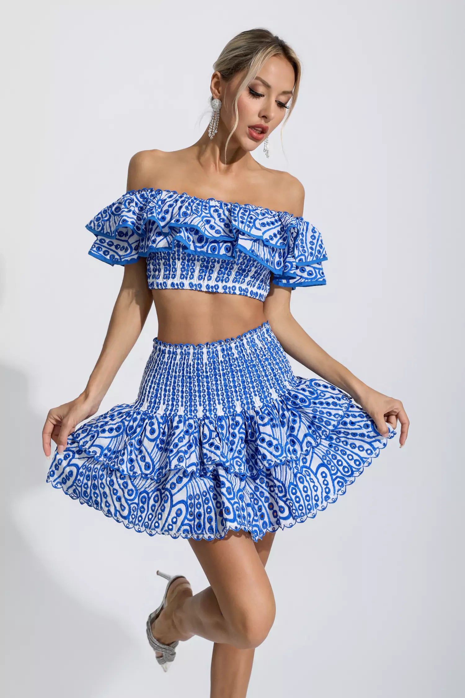 Janet Blue Floral Ruffle Off-Shoulder Set
