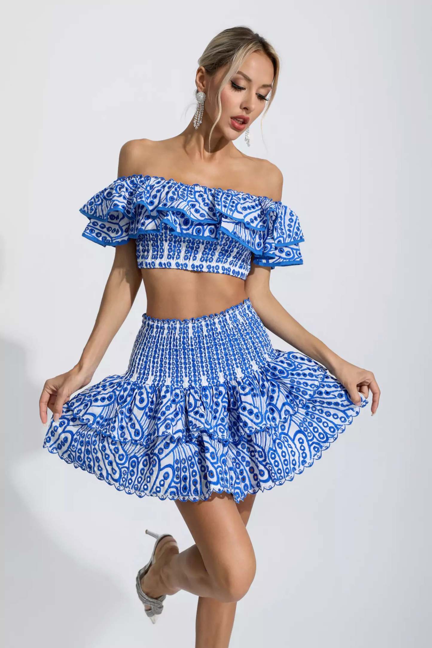 Janet Blue Floral Ruffle Off-Shoulder Set