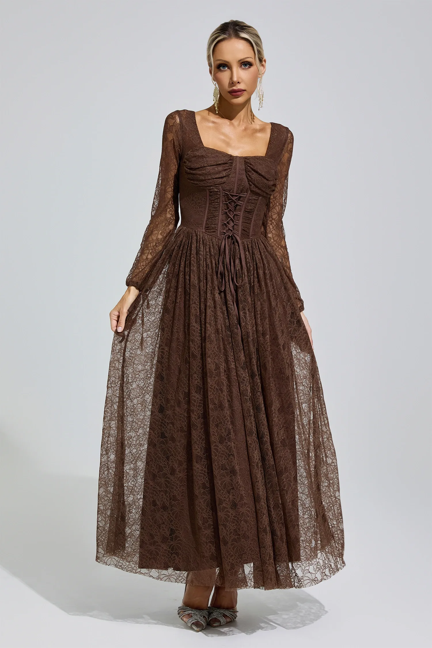 Cage Brown Corset Lace Up Maxi Dress