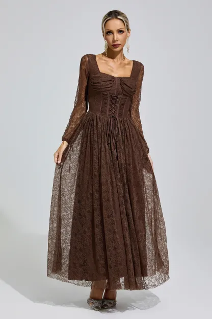 Cage Brown Corset Lace Up Maxi Dress