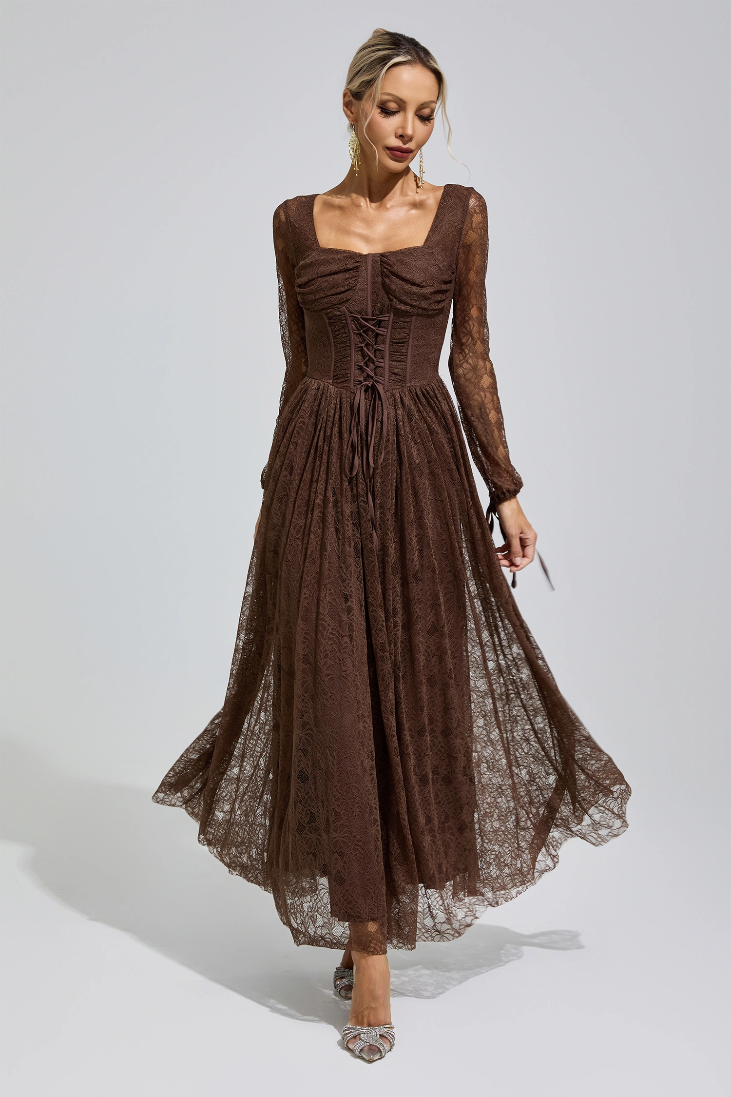 Cage Brown Corset Lace Up Maxi Dress