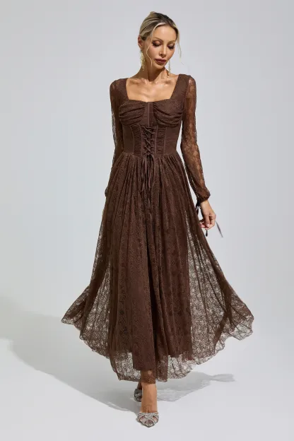 Cage Brown Corset Lace Up Maxi Dress