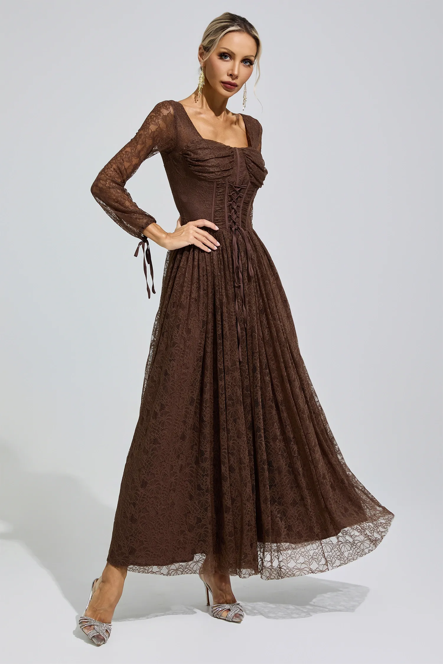 Cage Brown Corset Lace Up Maxi Dress