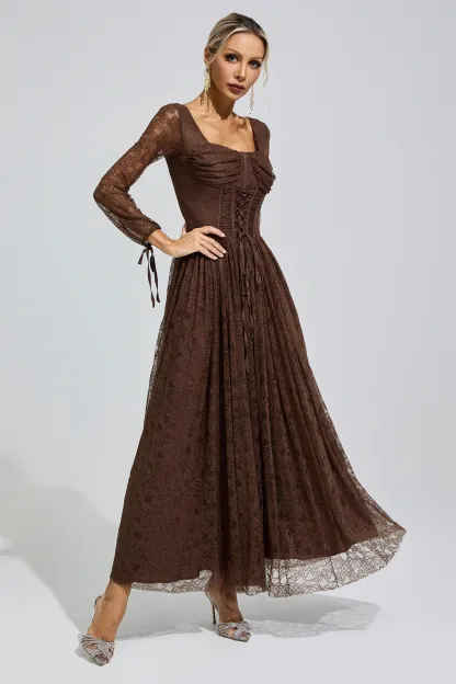 Cage Brown Corset Lace Up Maxi Dress