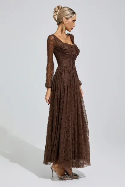 Cage Brown Corset Lace Up Maxi Dress