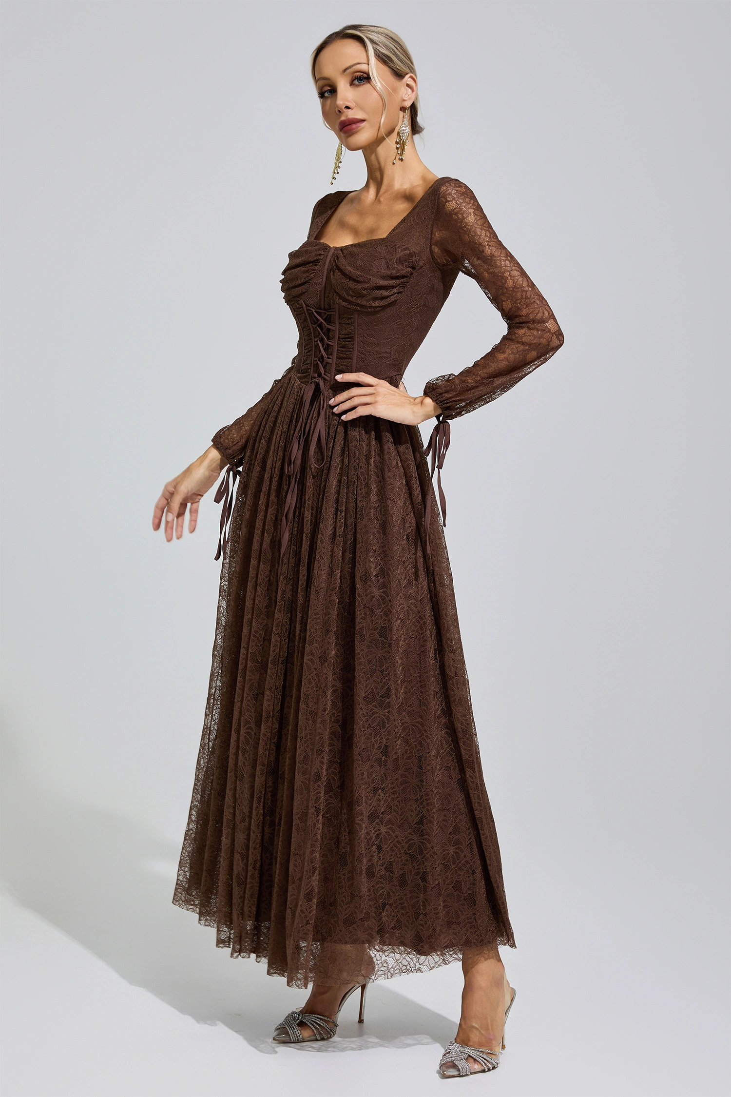 Cage Brown Corset Lace Up Maxi Dress