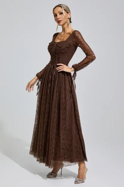 Cage Brown Corset Lace Up Maxi Dress