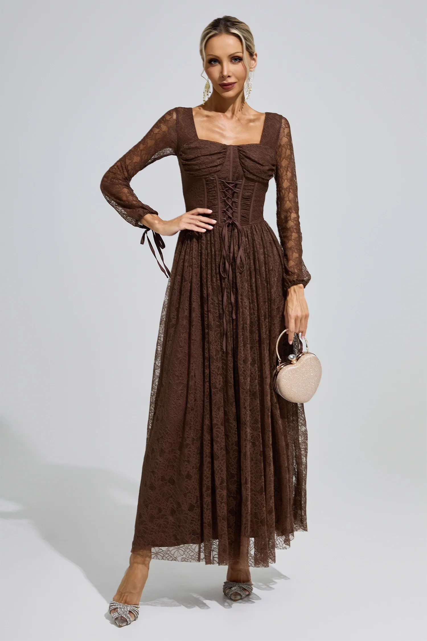 Cage Brown Corset Lace Up Maxi Dress