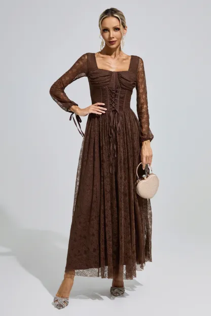 Cage Brown Corset Lace Up Maxi Dress