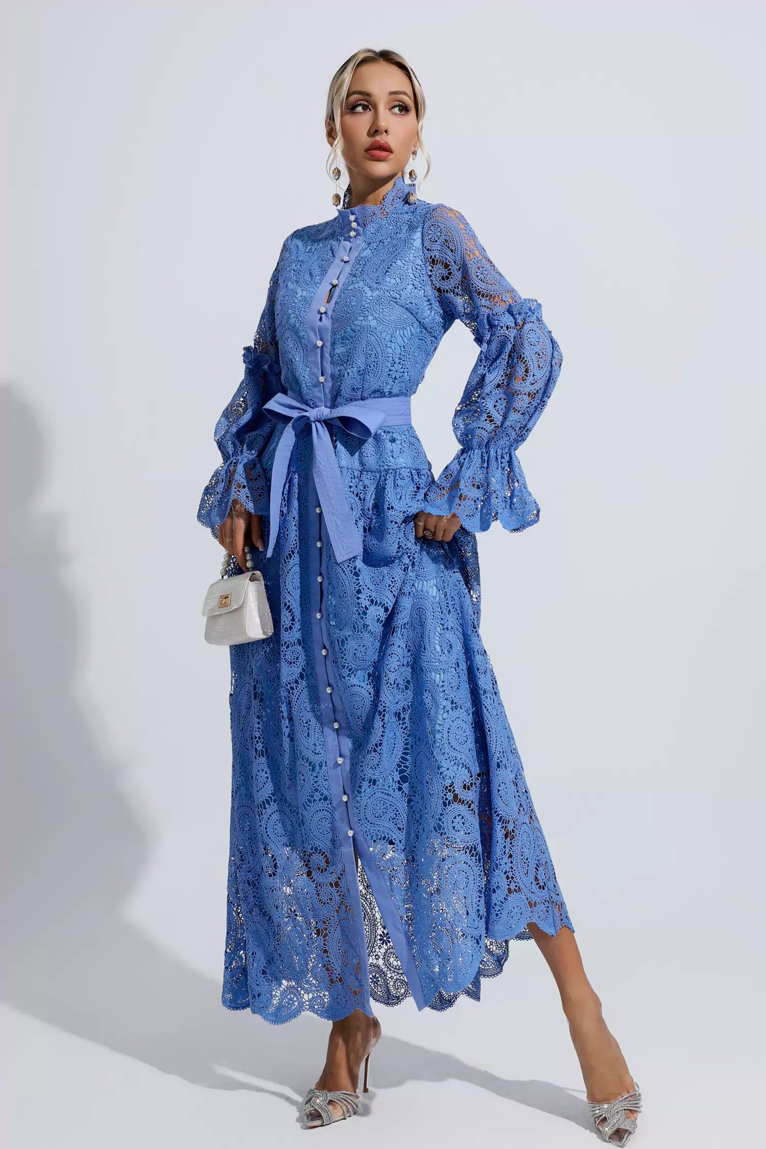 Christopher Blue Lace Floral Cutout Maxi Dress