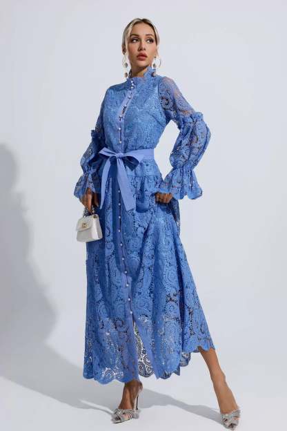 Christopher Blue Lace Floral Cutout Maxi Dress