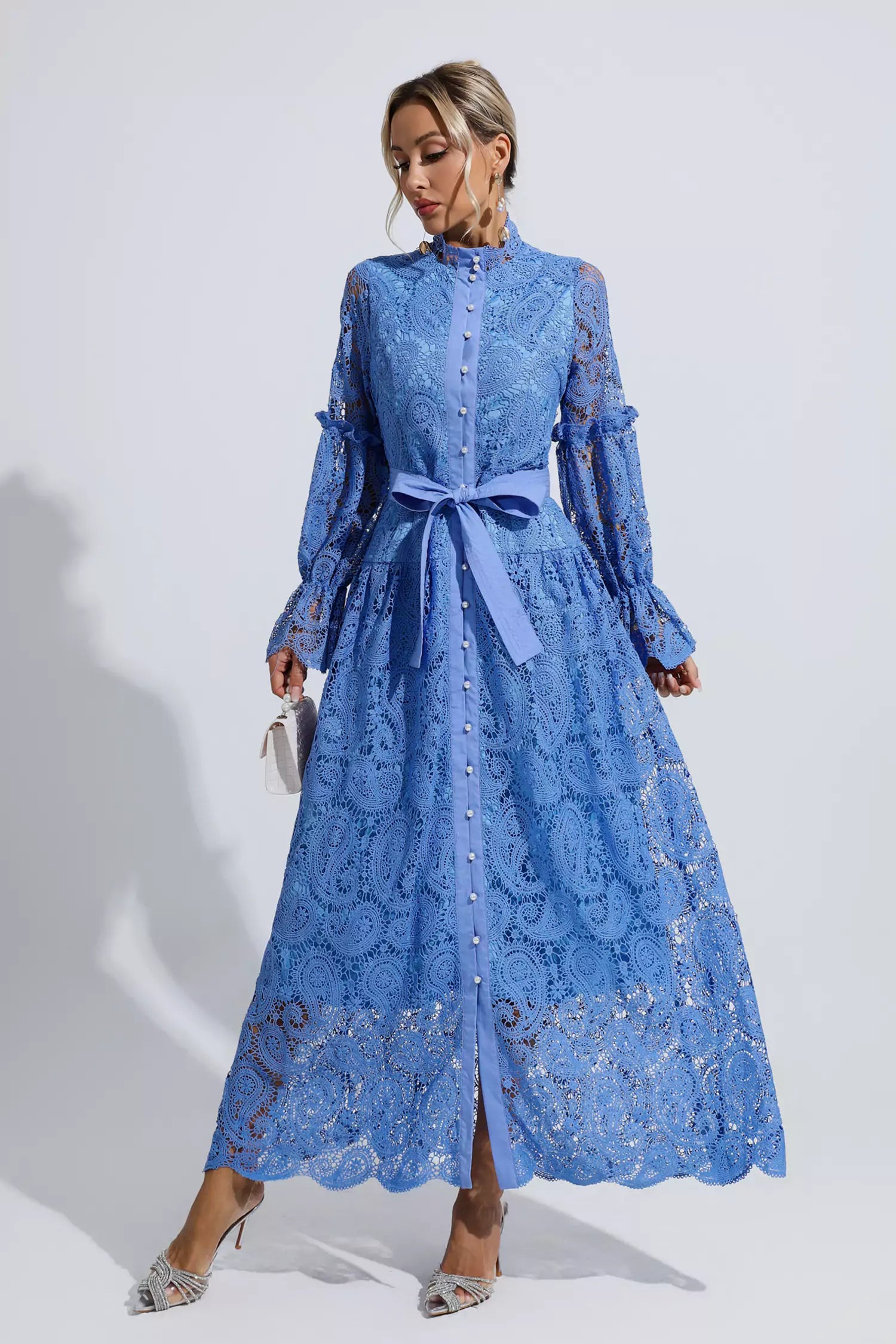 Christopher Blue Lace Floral Cutout Maxi Dress