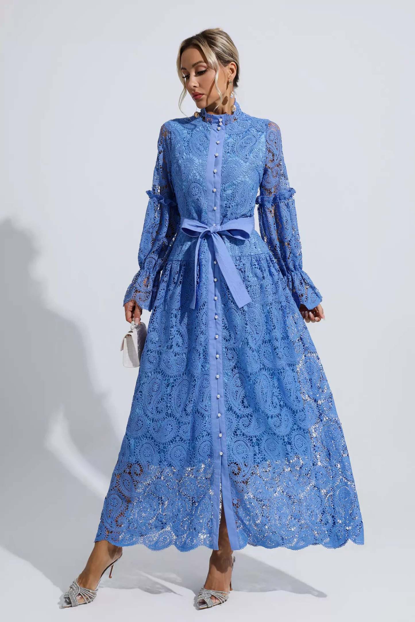 Christopher Blue Lace Floral Cutout Maxi Dress
