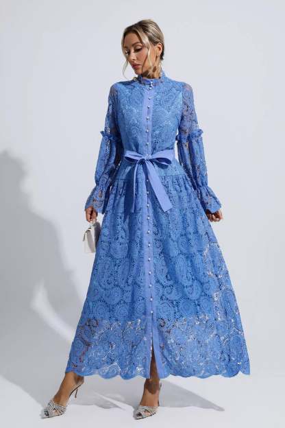 Christopher Blue Lace Floral Cutout Maxi Dress