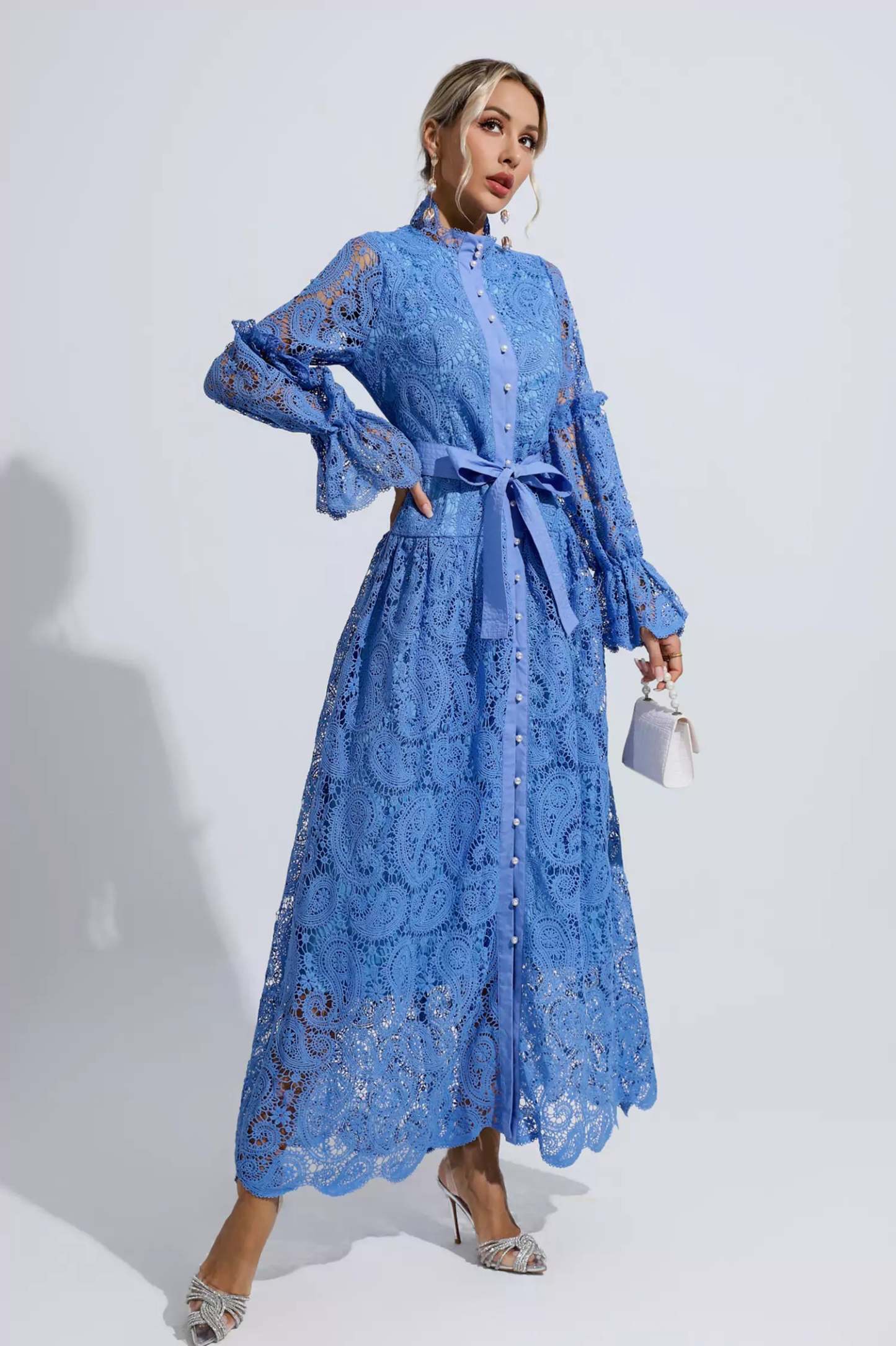 Christopher Blue Lace Floral Cutout Maxi Dress