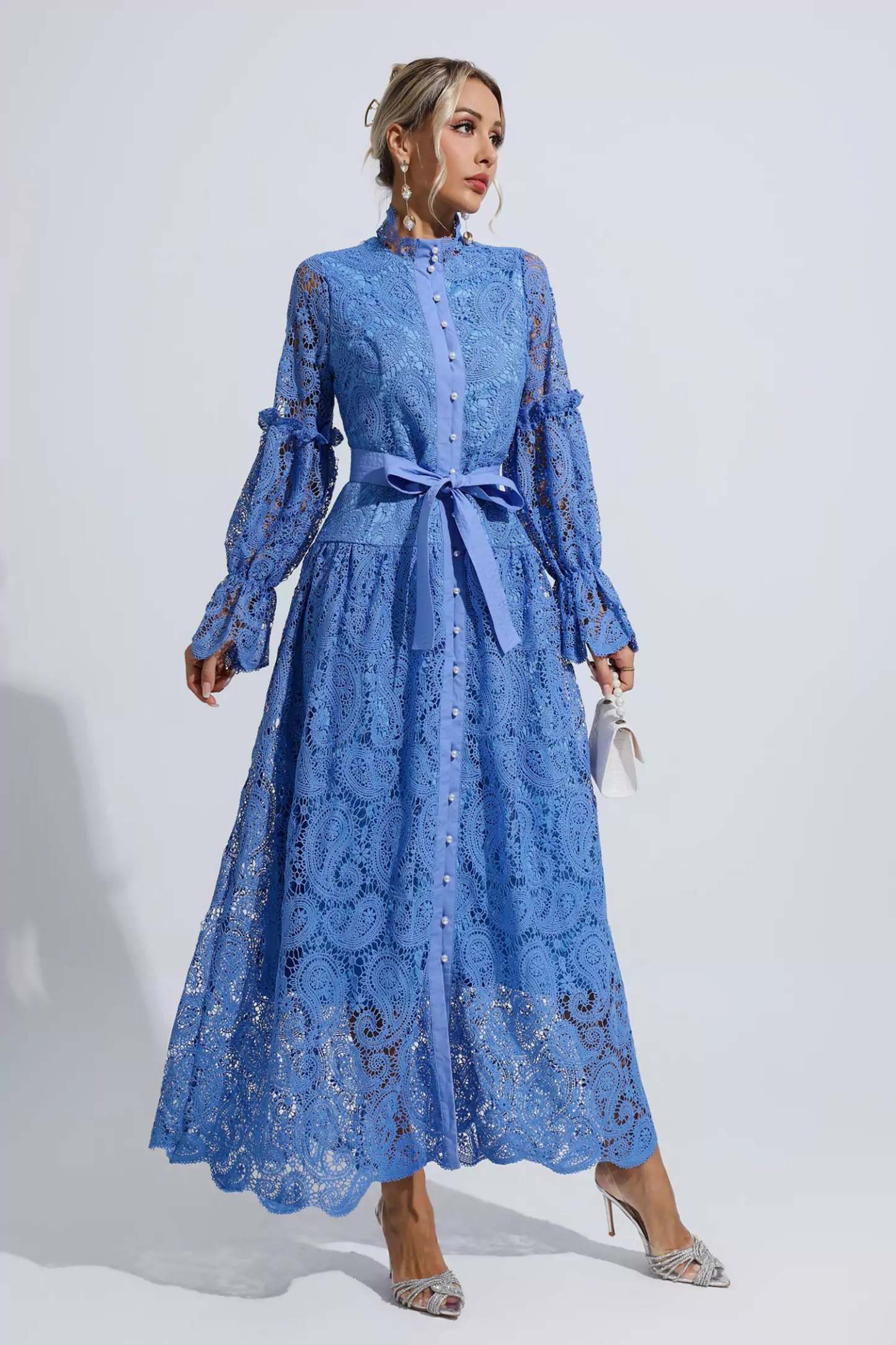 Christopher Blue Lace Floral Cutout Maxi Dress