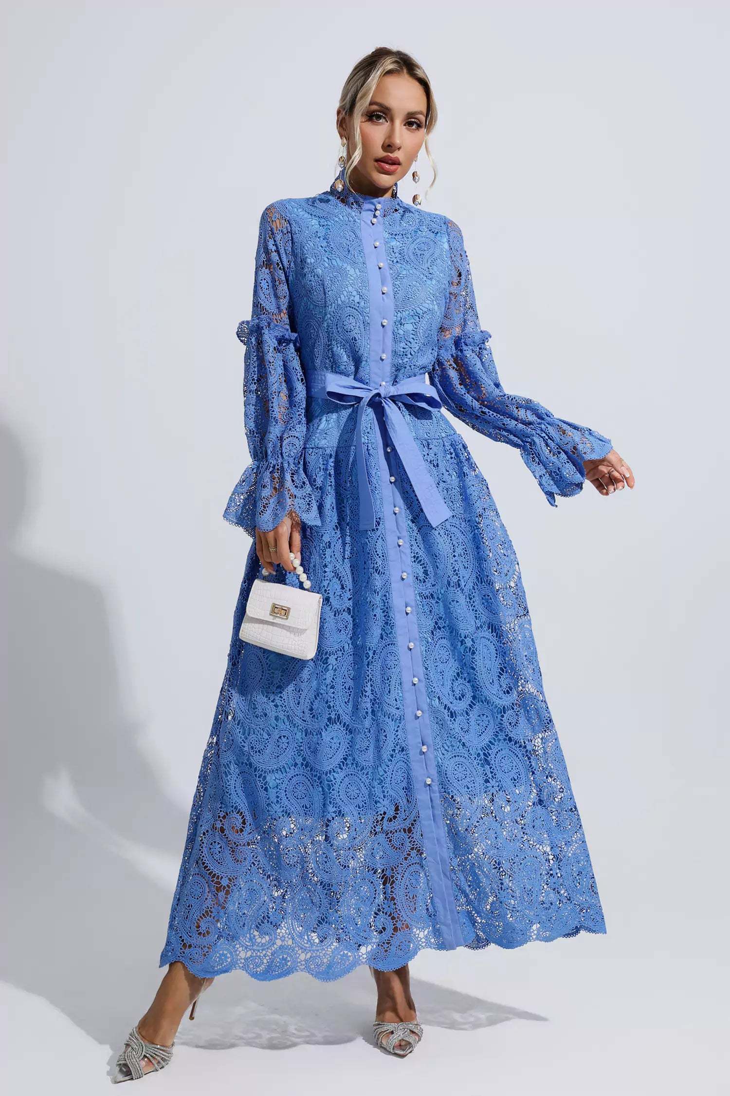 Christopher Blue Lace Floral Cutout Maxi Dress