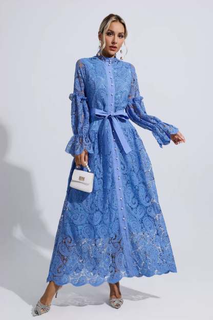 Christopher Blue Lace Floral Cutout Maxi Dress