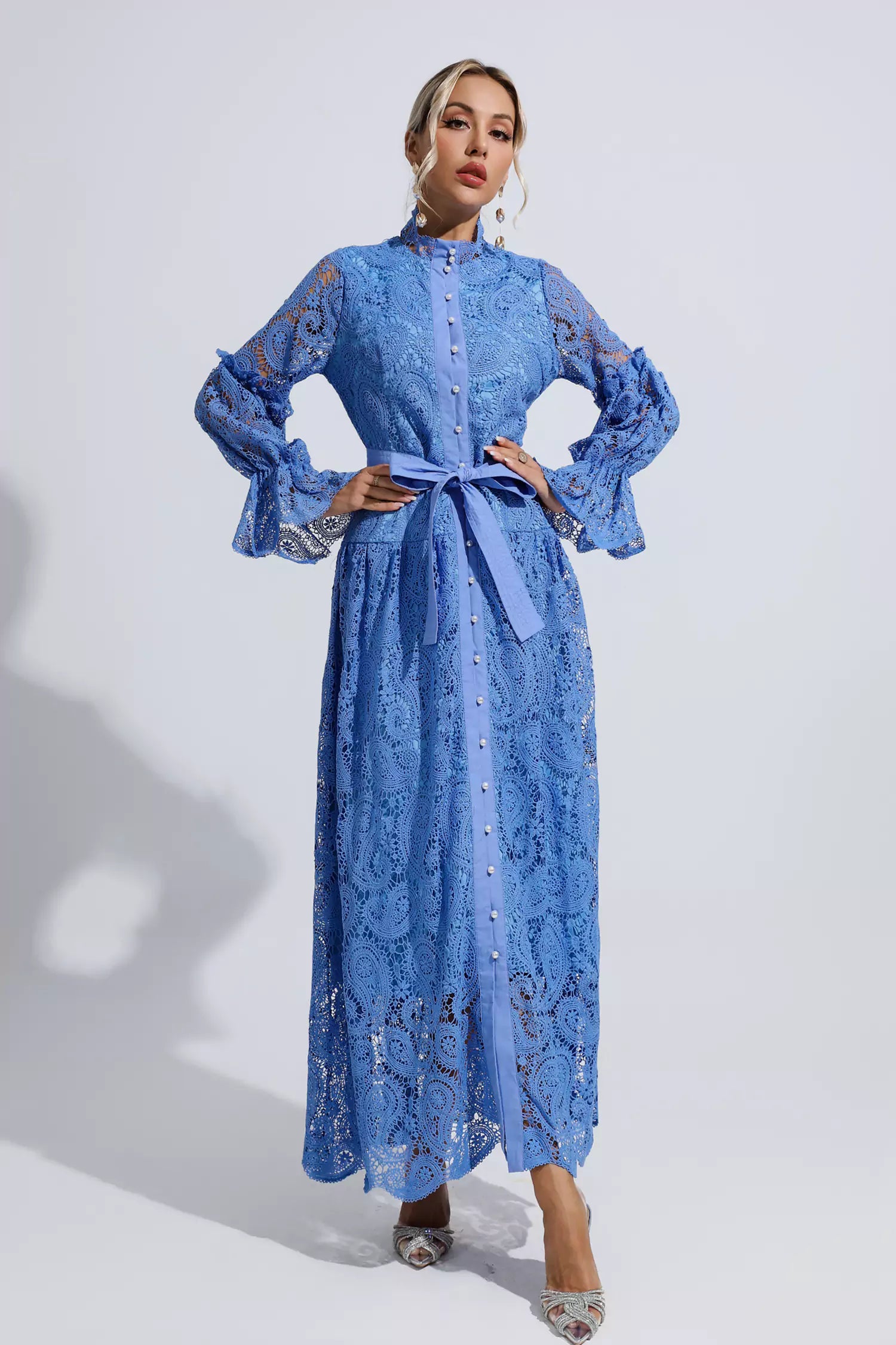 Christopher Blue Lace Floral Cutout Maxi Dress