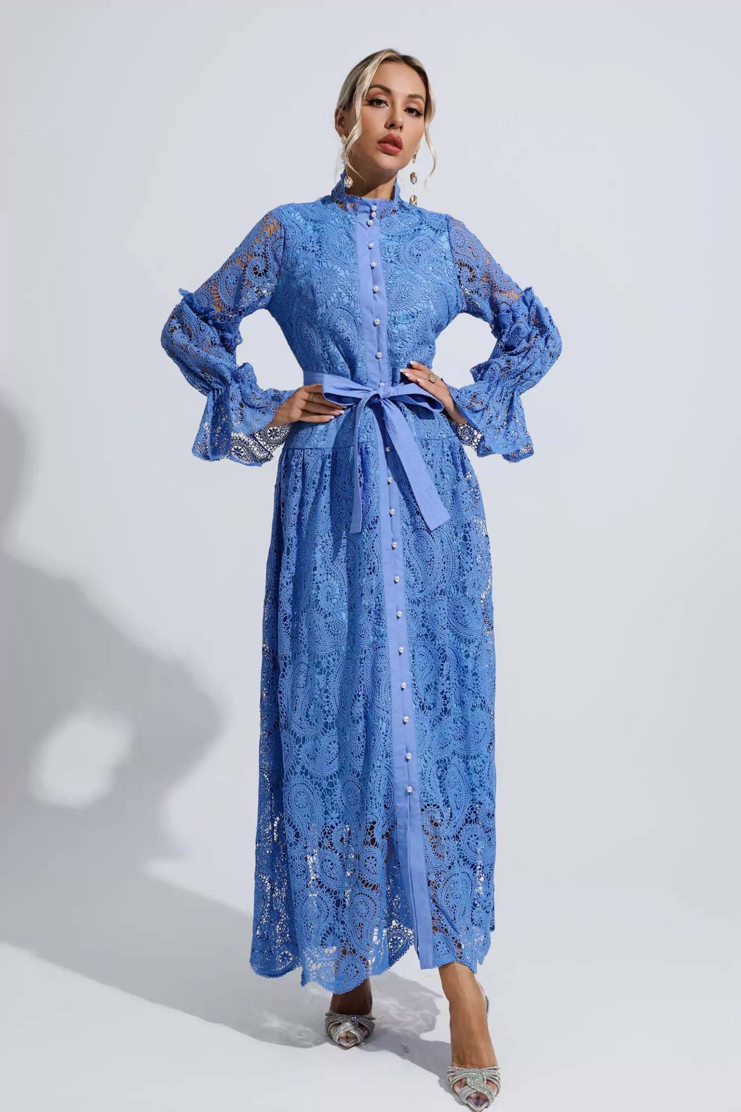 Christopher Blue Lace Floral Cutout Maxi Dress