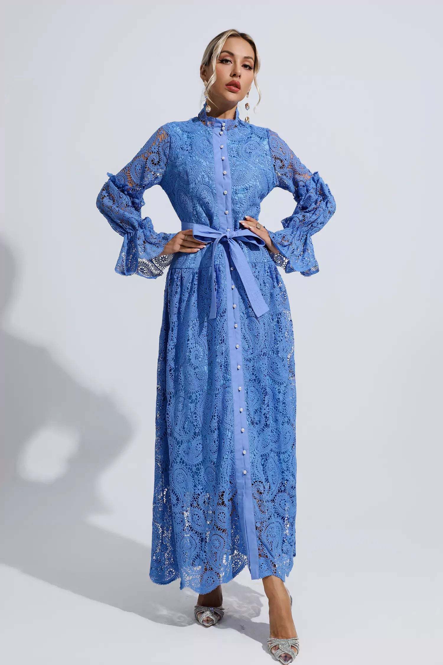 Christopher Blue Lace Floral Cutout Maxi Dress