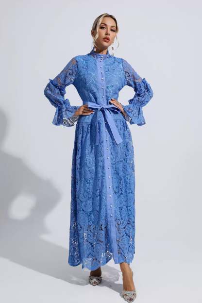 Christopher Blue Lace Floral Cutout Maxi Dress