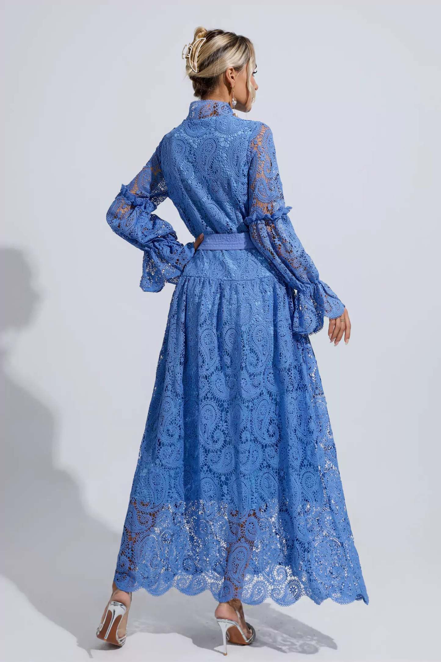 Christopher Blue Lace Floral Cutout Maxi Dress