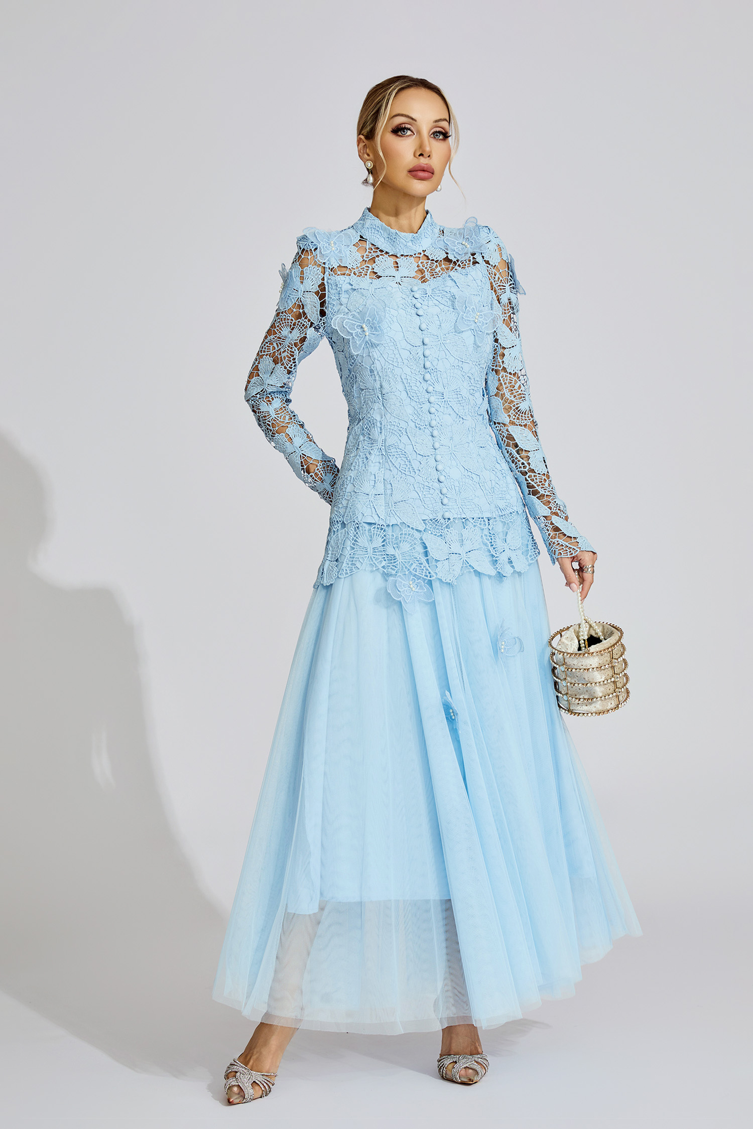 Winter Blue Embroidered Two Piece Set