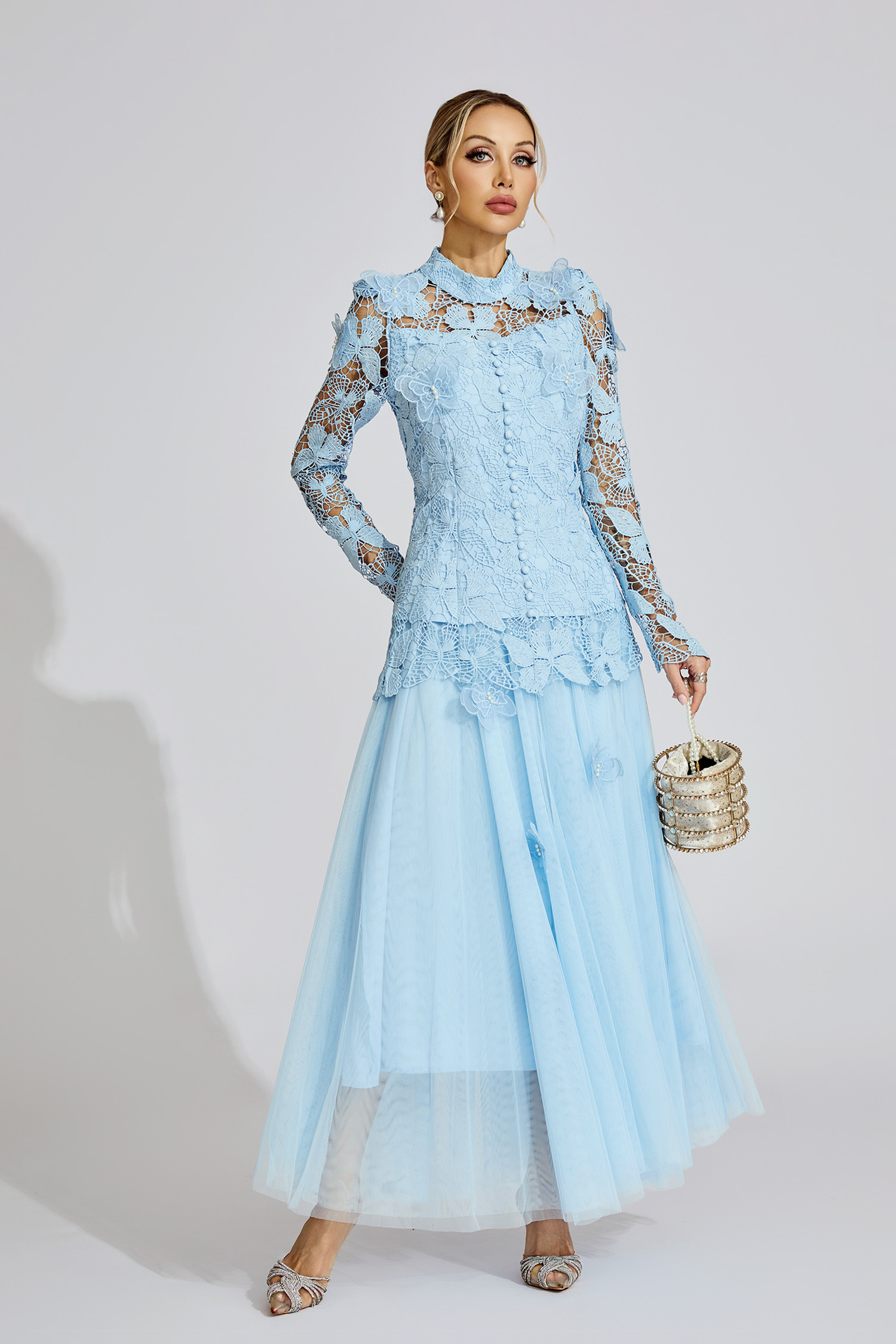 Winter Blue Embroidered Two Piece Set