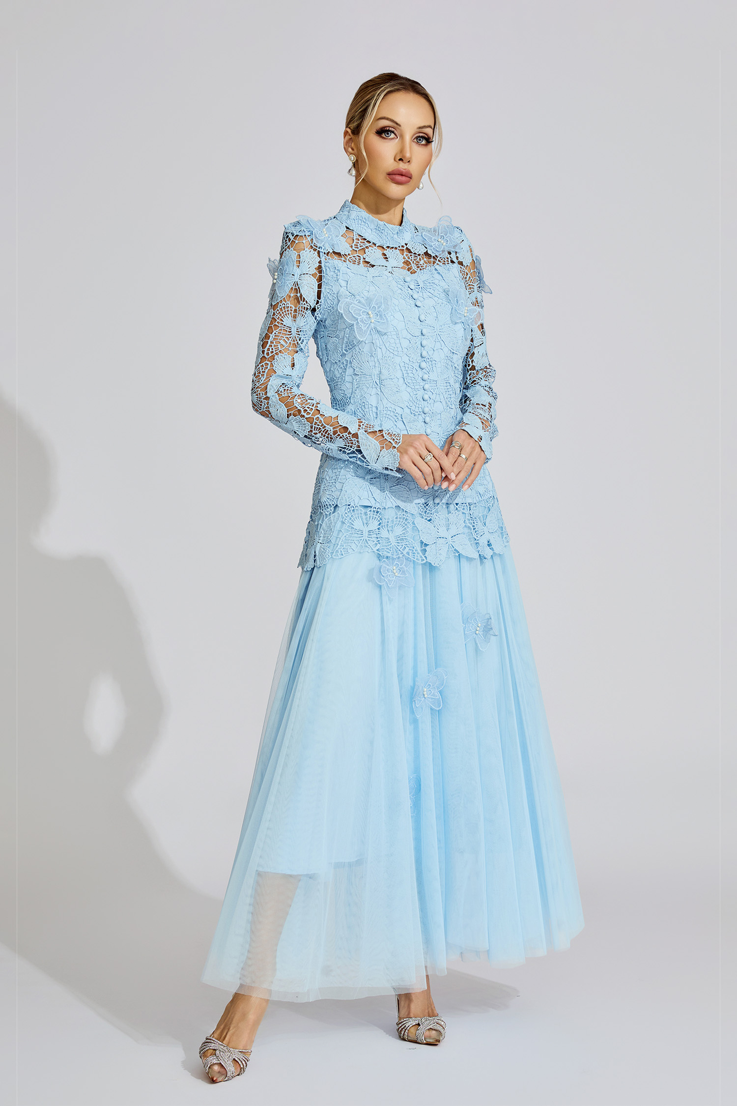 Winter Blue Embroidered Two Piece Set