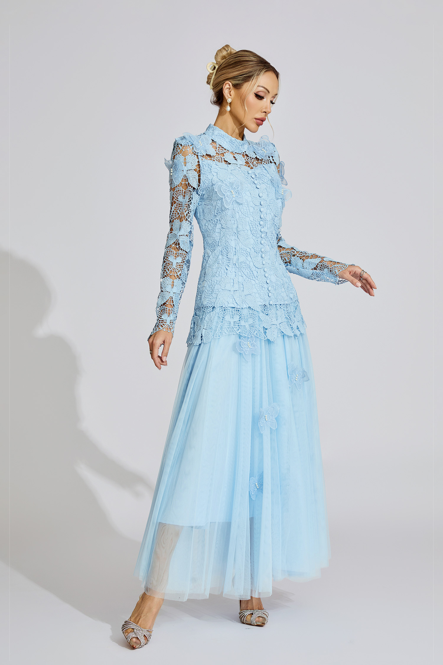 Winter Blue Embroidered Two Piece Set
