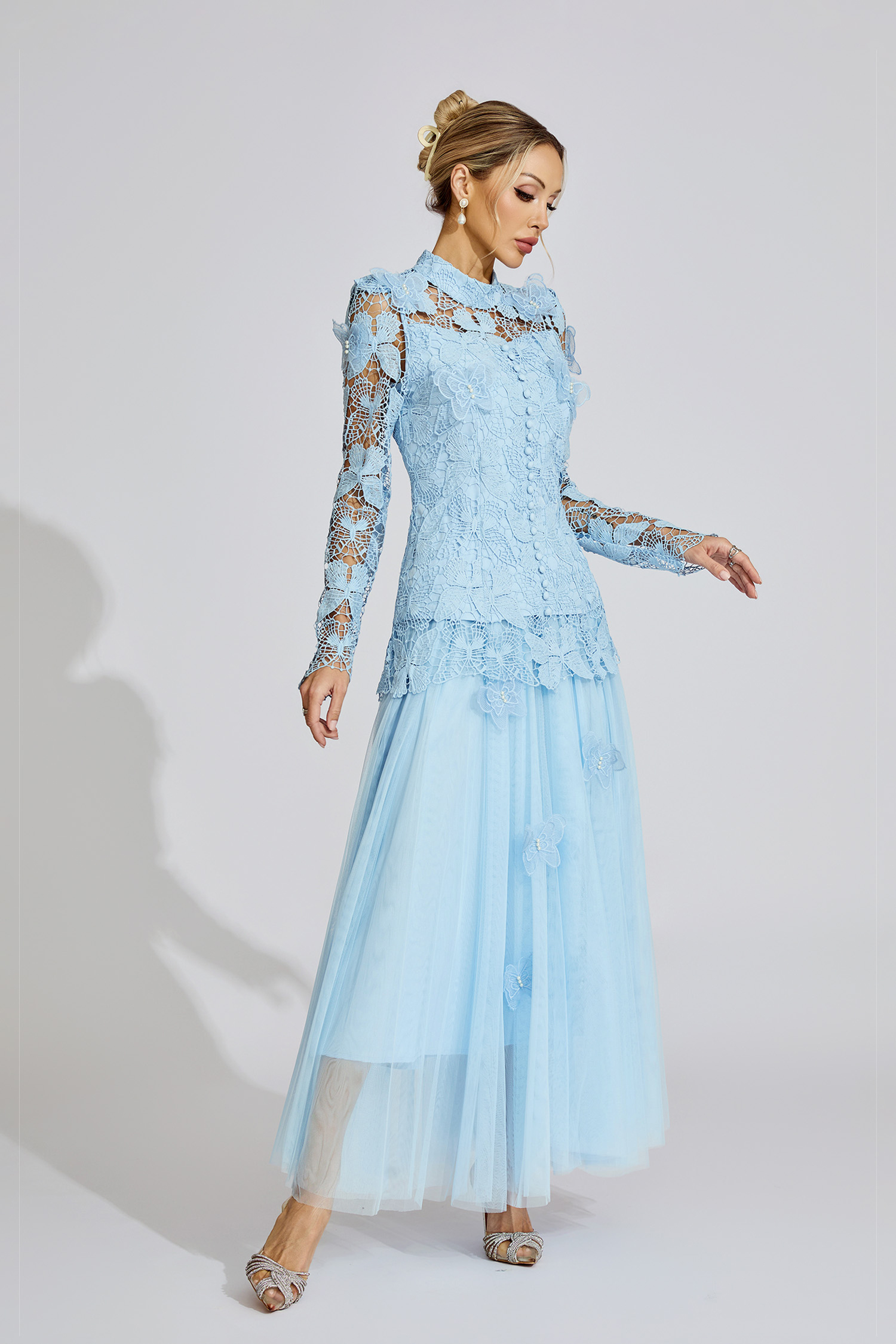 Winter Blue Embroidered Two Piece Set