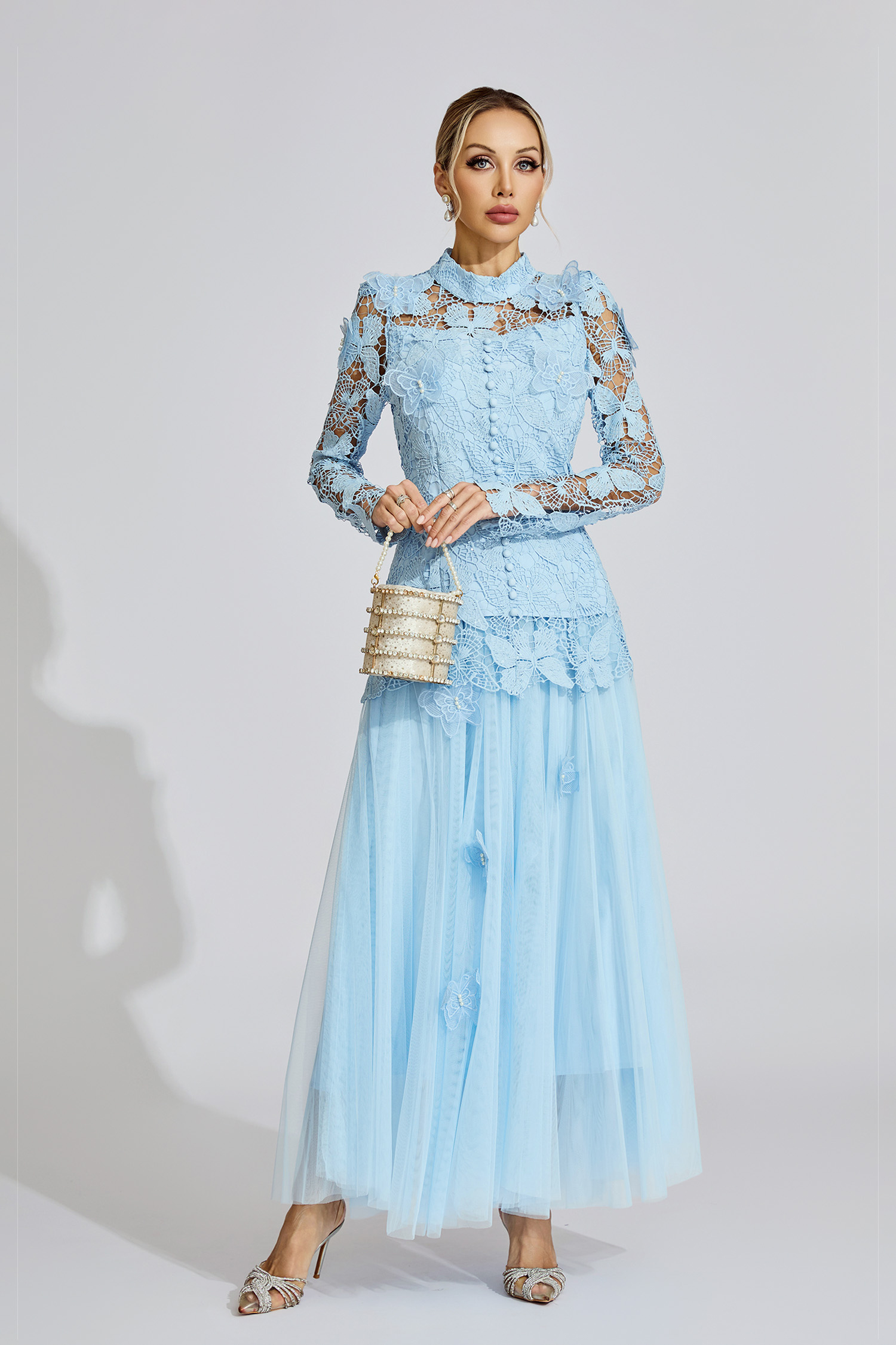 Winter Blue Embroidered Two Piece Set