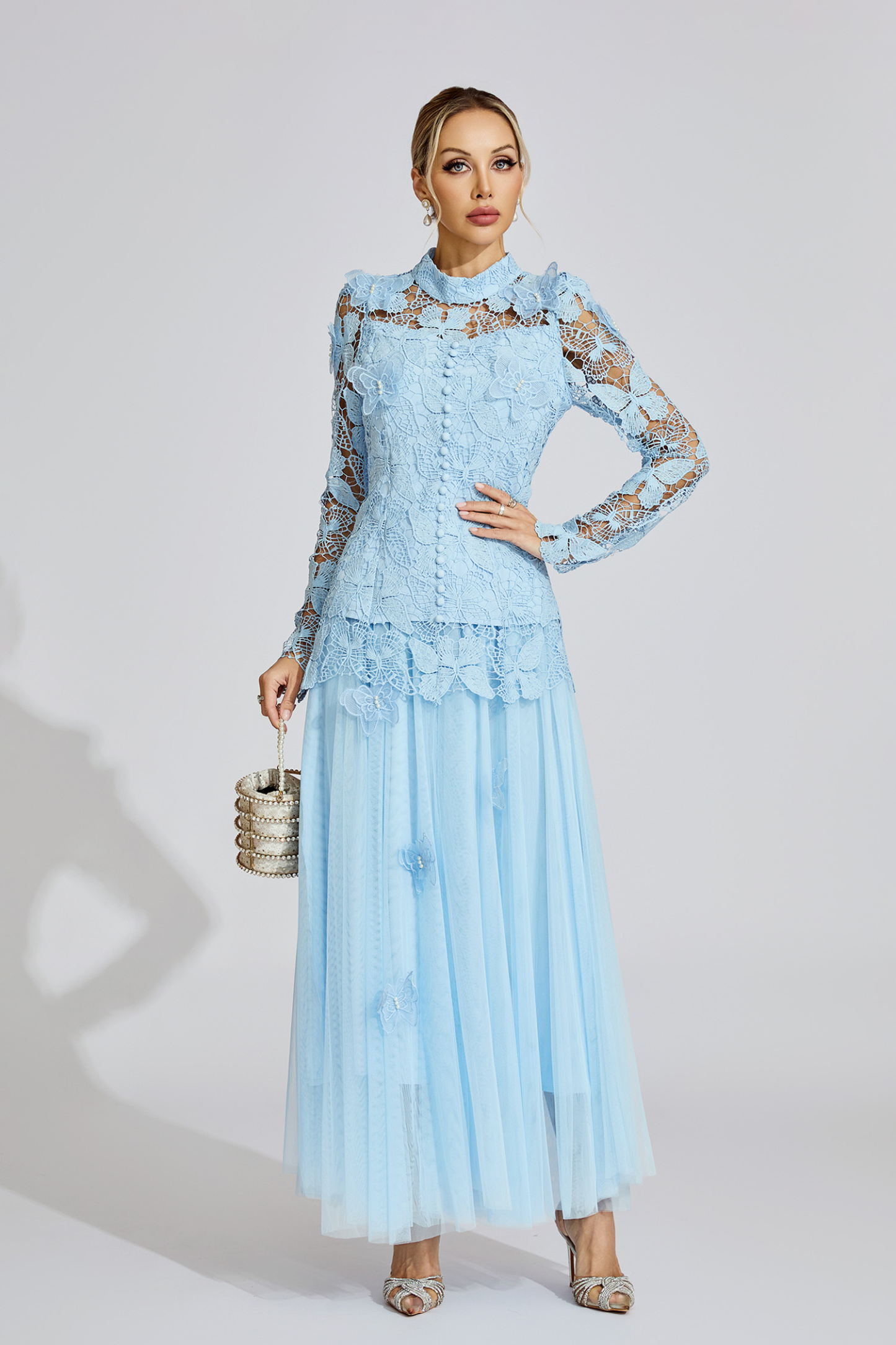 Winter Blue Embroidered Two Piece Set