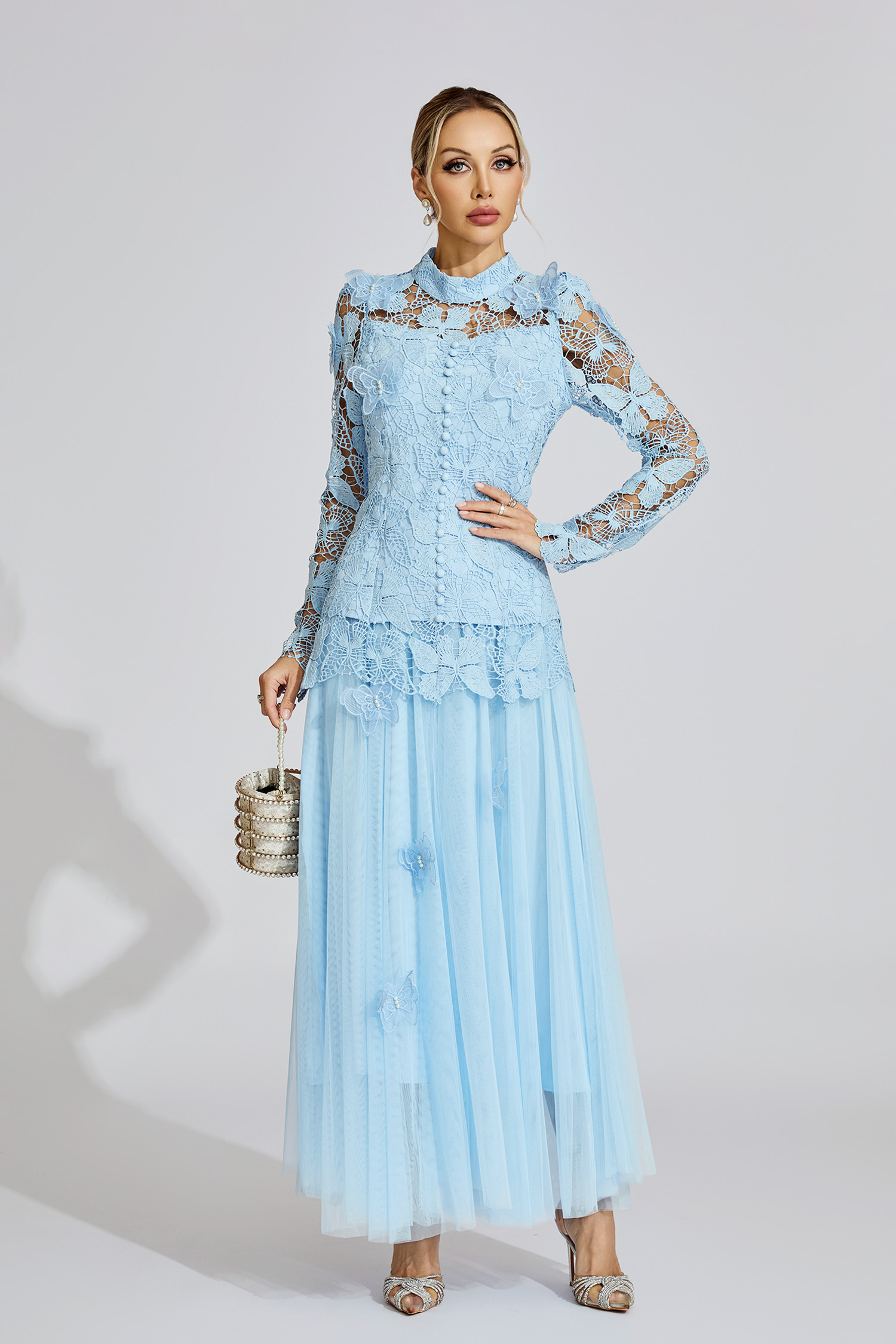 Winter Blue Embroidered Two Piece Set