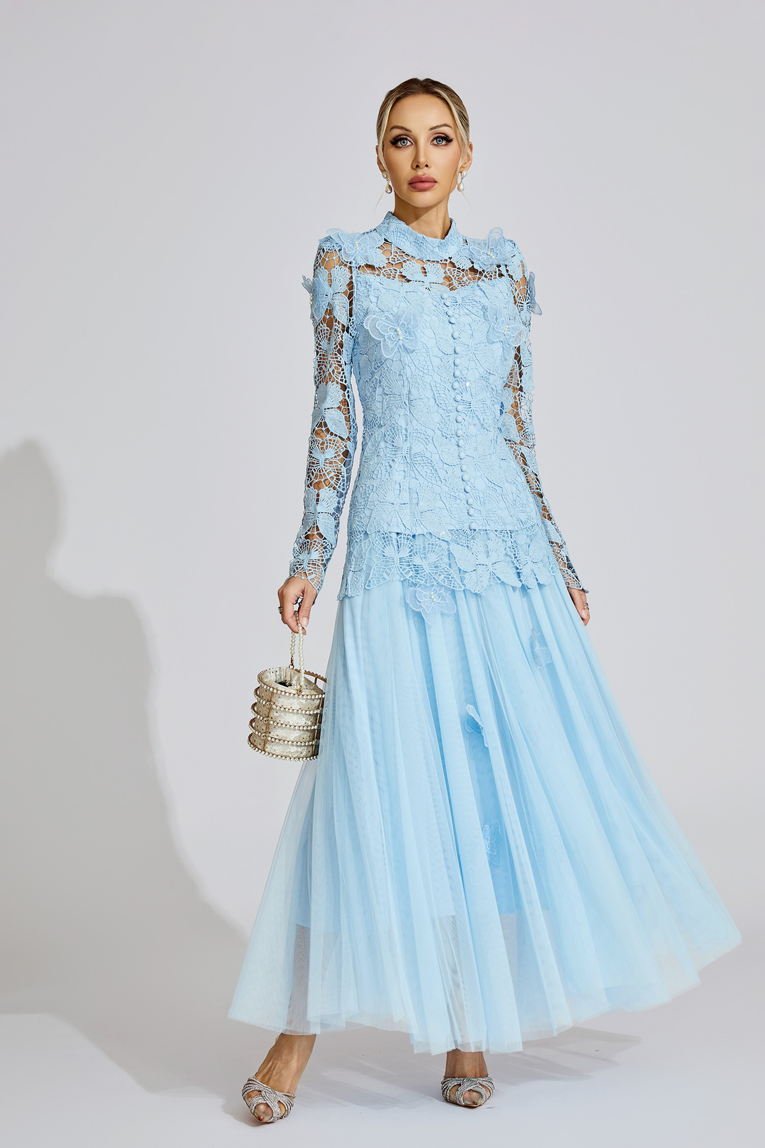 Winter Blue Embroidered Two Piece Set