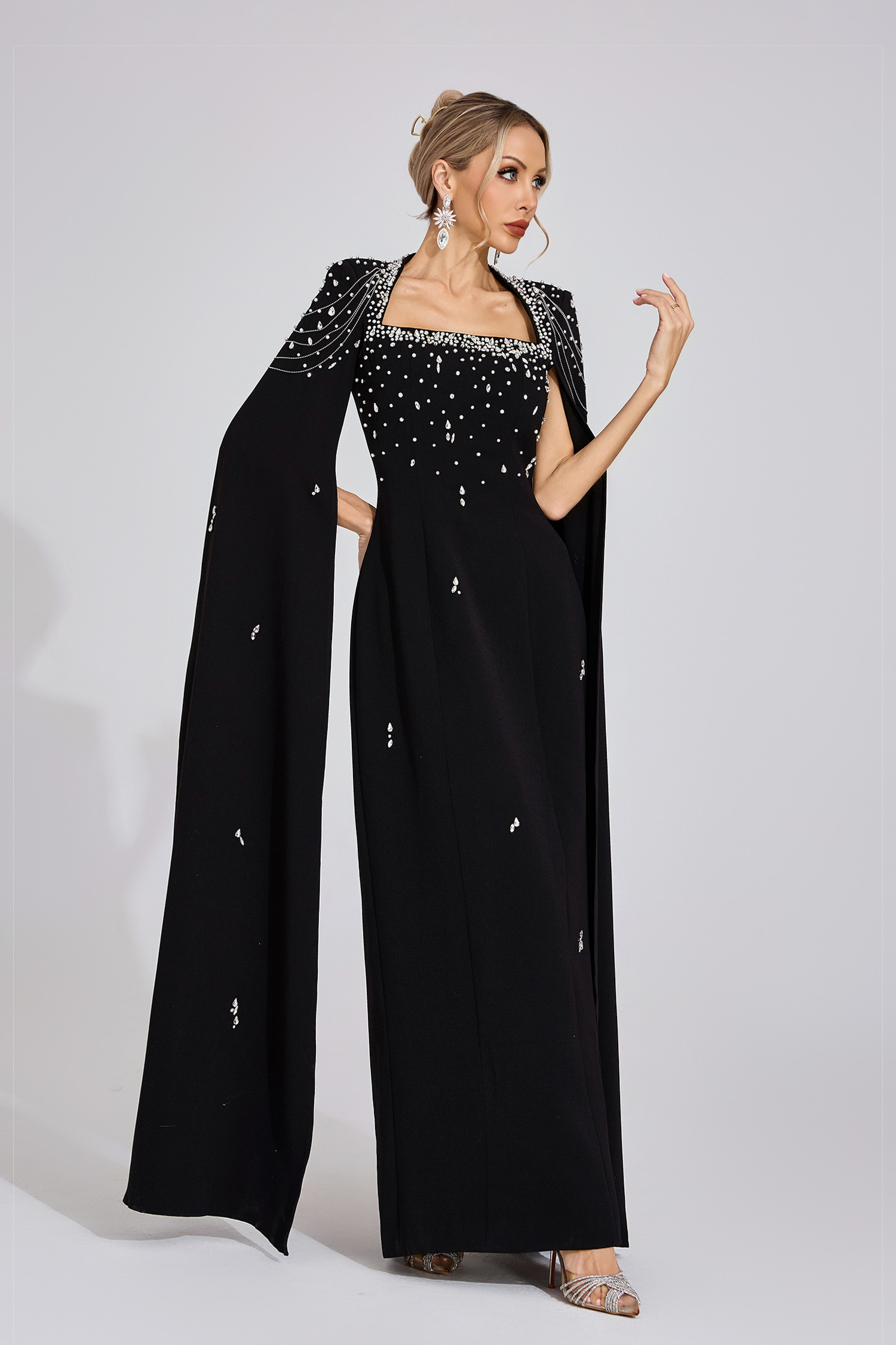 Down Black Beaded Maxi Dress