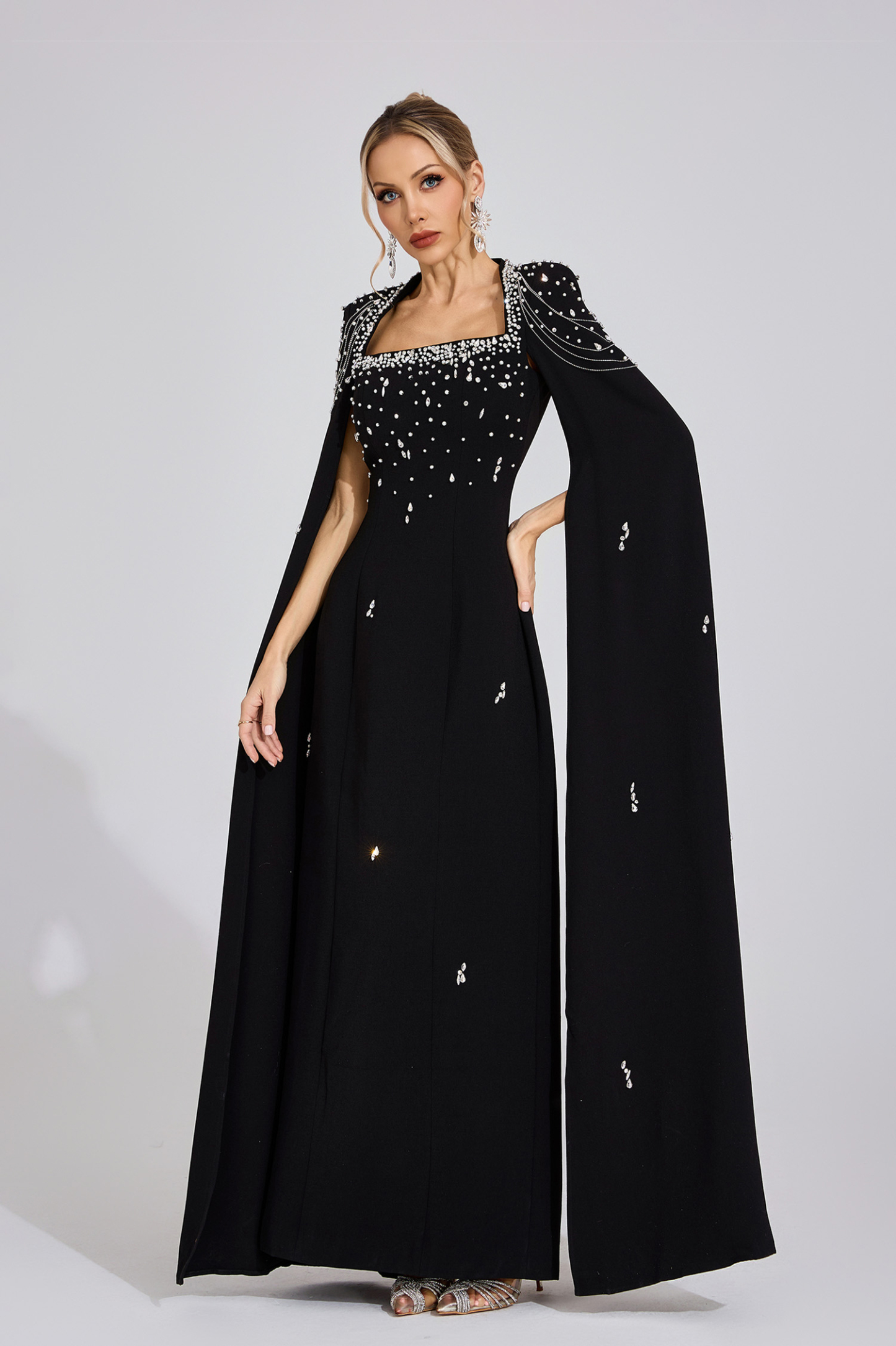Down Black Beaded Maxi Dress