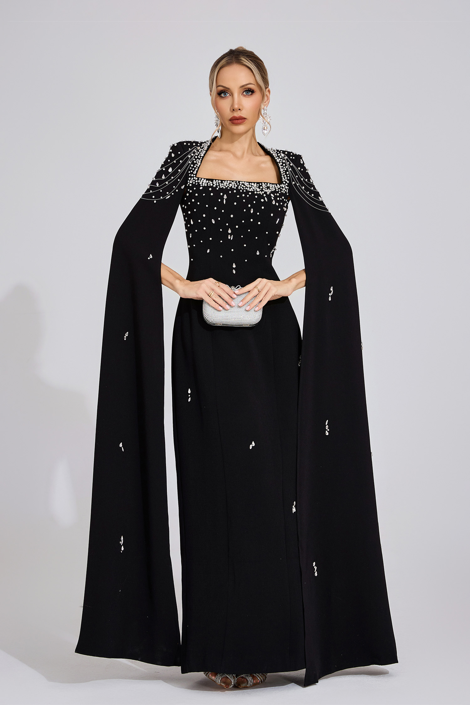 Down Black Beaded Maxi Dress