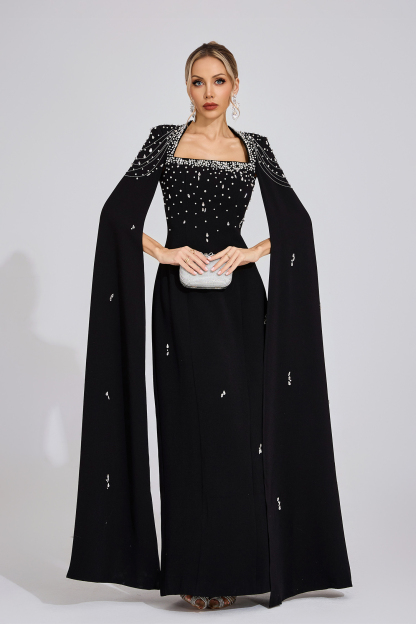 Down Black Beaded Maxi Dress