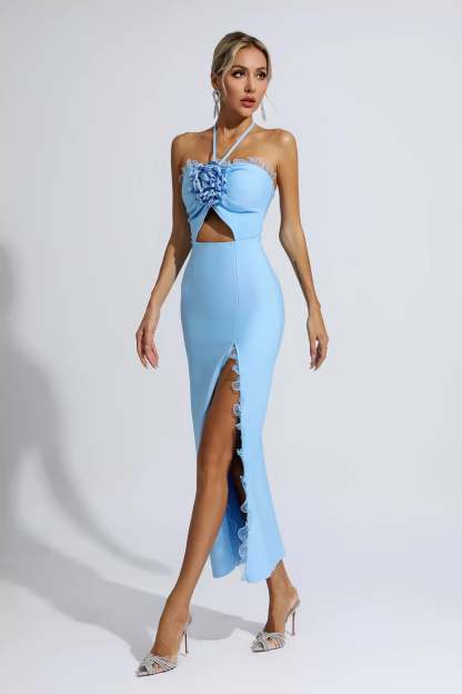 Tim Blue Floral Ruched Maxi Dress