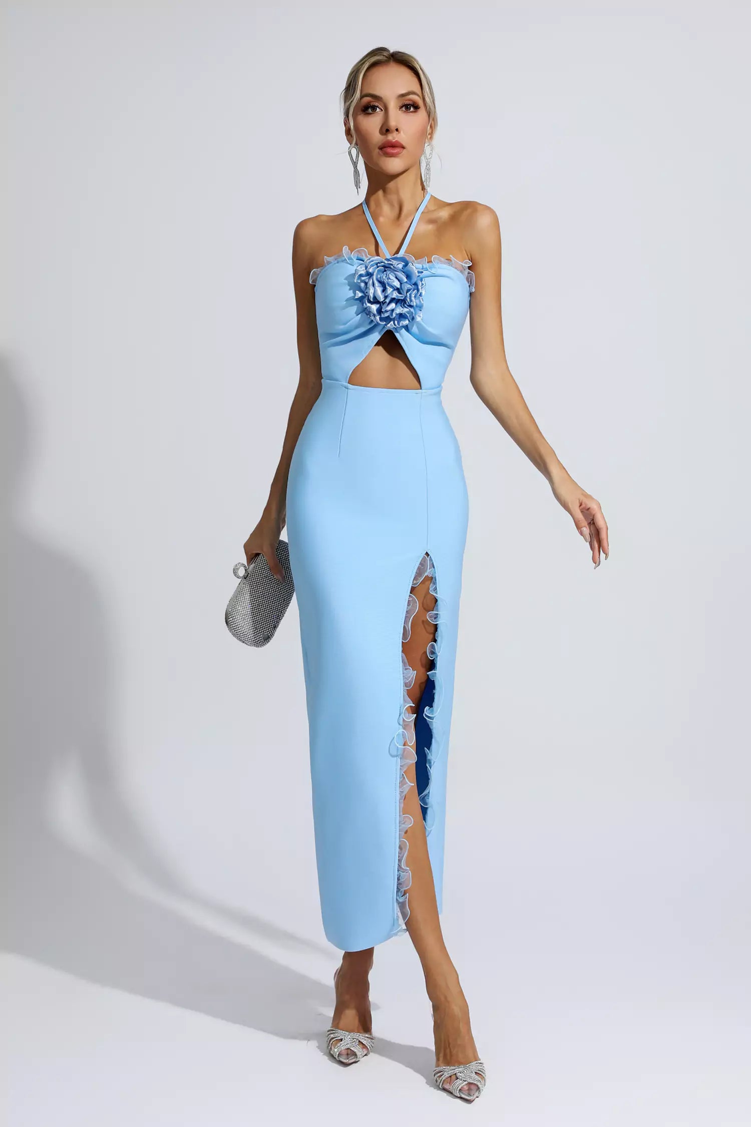 Tim Blue Floral Ruched Maxi Dress