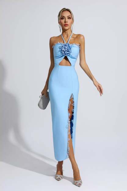 Tim Blue Floral Ruched Maxi Dress
