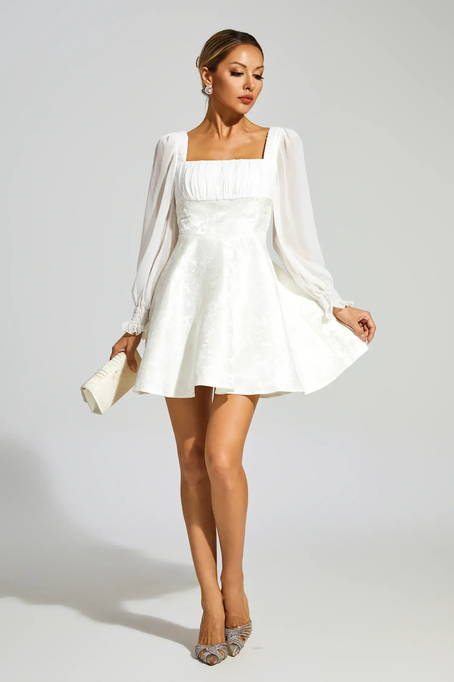 Doyle White Lantern Sleeves Mini Dress