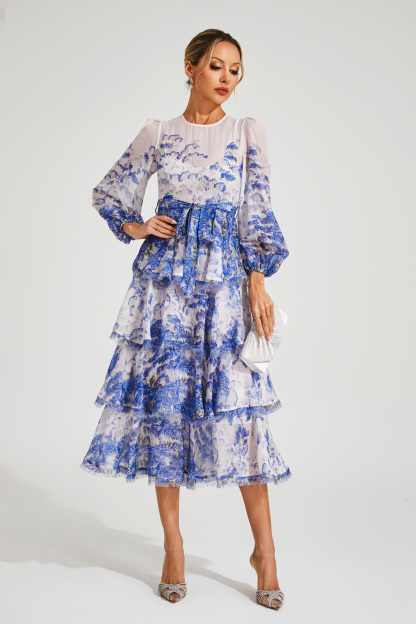 Hobbes Blue Tiered Long Sleeve Dress