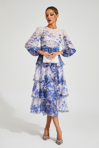 Hobbes Blue Tiered Long Sleeve Dress