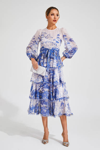 Hobbes Blue Tiered Long Sleeve Dress