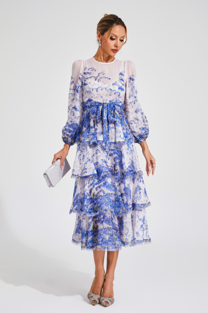 Hobbes Blue Tiered Long Sleeve Dress