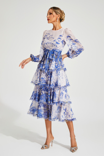 Hobbes Blue Tiered Long Sleeve Dress
